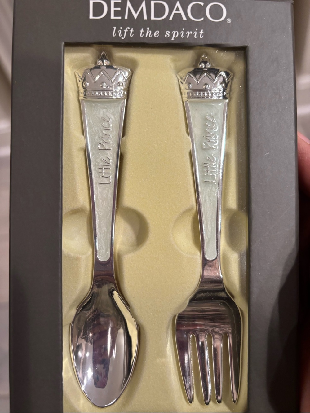 Demdaco Little Prince Baby Boy Spoon & Fork Gift Set.  Silver Tone w/ Crown. New